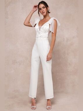 Like New M - Lulu’s Dignified Beauty White Mesh Embroidered Tie-Strap Jumpsuit